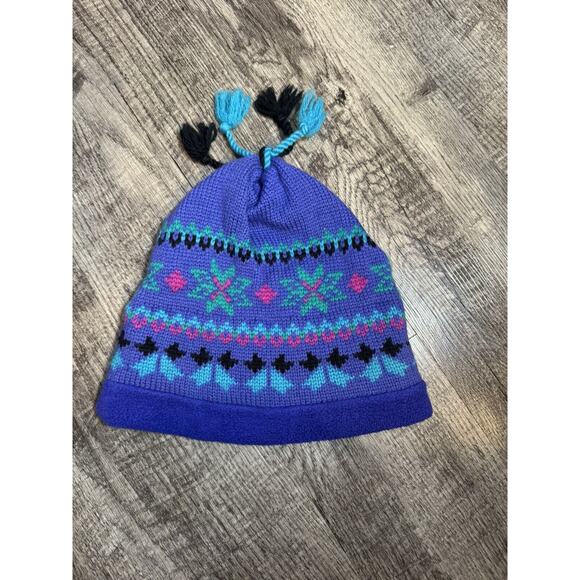 Vintage 90s LL Bean Wool Ski Snow Hat W Tassels Purple Blue Retro Snowflakes - Picture 8 of 9